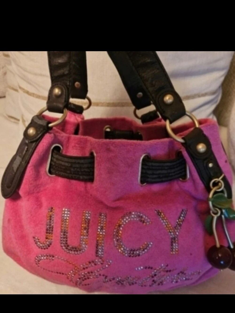 Juicy Couture Y2k Pink Terry Cloth Logo Hobo Bag with Cherries  Metal Charm